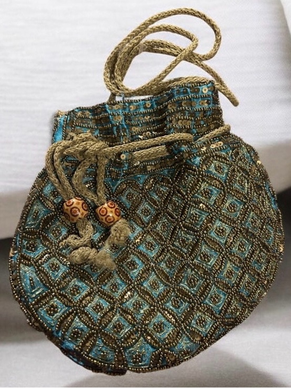 Beaded Indian Potli Drawstring Crossbody Bag in Turquoise and Gold